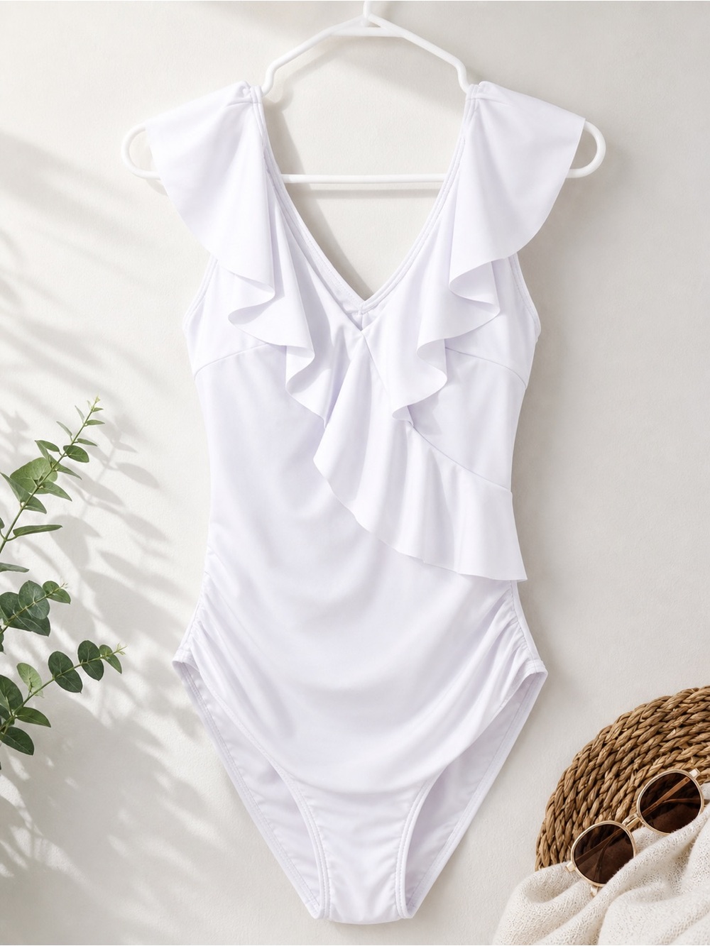 White Ruffle One Piece Swimsuit | Feminine Flowy | Size L | Amazon